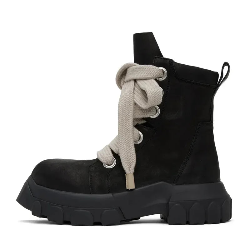 VOIDWEAR VDR_SHADOW_07 ⚑ men’s high-top leather platform boots with chunky sole, handmade in genuine black cow leather for streetwear and techwear styleBlack boot with beige laces on a white background