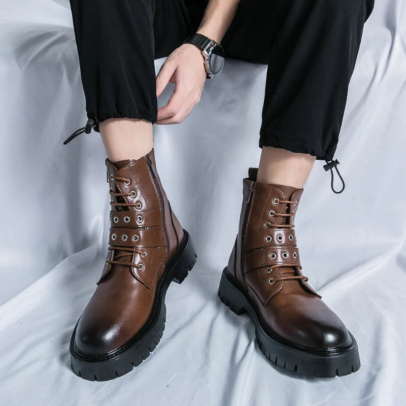 Brown leather boots worn by a person on a light gray background. VOIDWEAR SIGNAL_VANISH_07 ☰ Shadow Strider Boots, split leather with EVA sole, winter streetwear for men