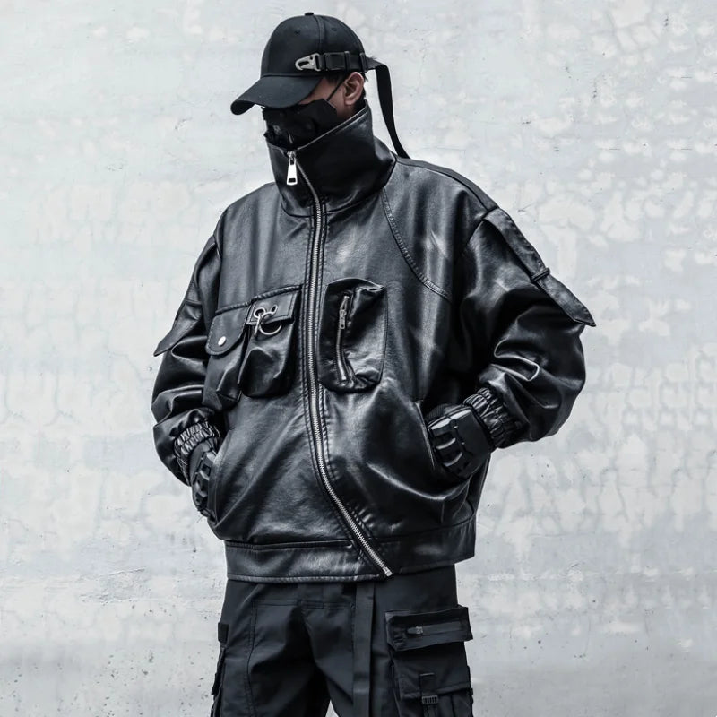 VOIDWEAR VDR_VANISH_09 multi-pocket PU leather tactical jacket in punk techwear style, autumn/winter streetwear silhouette