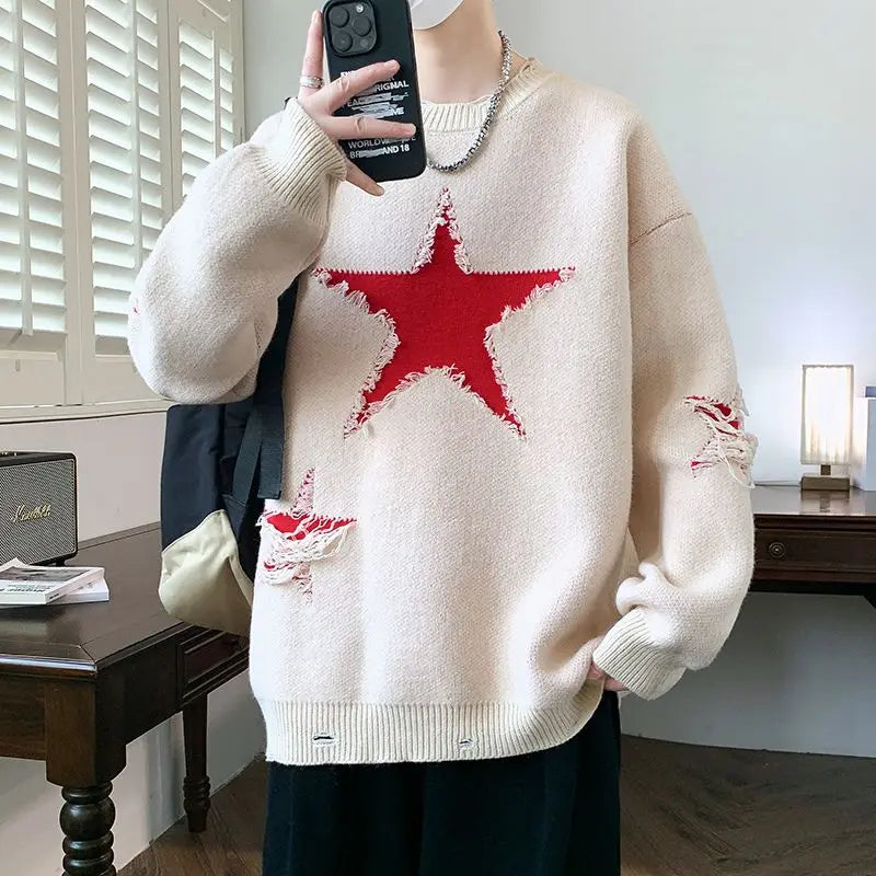 VOIDWEAR SIGNAL_AETHER_07 ☰ five-star knit sweater worn in Tokyo night street; geometric pattern glowing under neon light