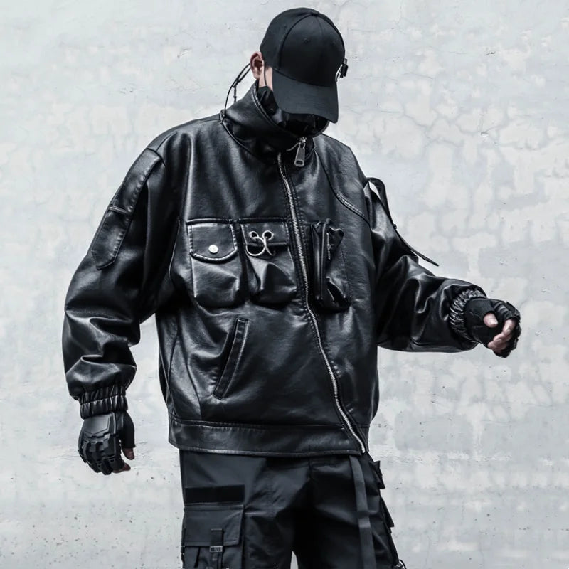 VOIDWEAR VDR_VANISH_09 multi-pocket PU leather tactical jacket in punk techwear style, autumn/winter streetwear silhouette