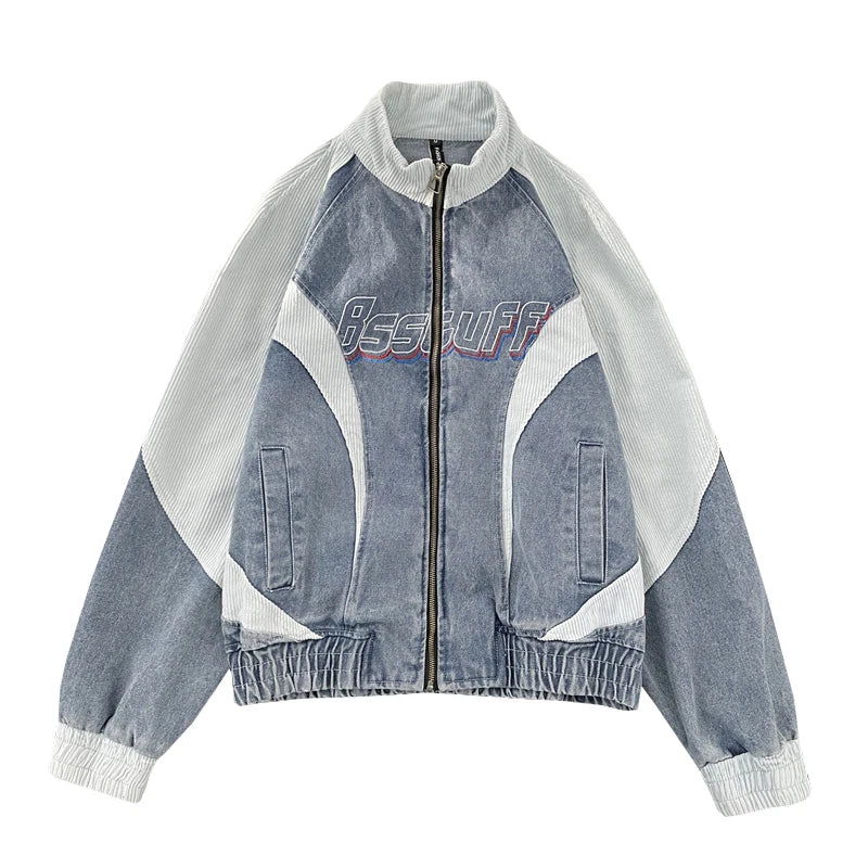 VOIDWEAR VDR_VANISH_PATCH ⚑ patchwork denim bomber jacket with glyph embroidery, worn-out texture, streetwear outerwear