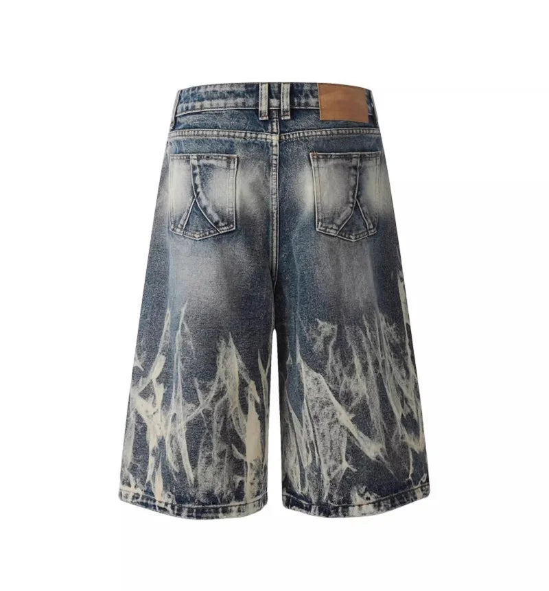 VOIDWEAR VDR_VANISH_08 Flare flame graphic baggy denim shorts, washed Y2K streetwear style, patch pockets, signal glyph