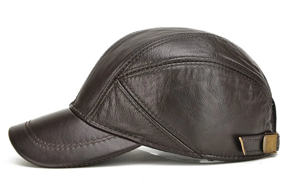VOIDWEAR SIGNAL_VANISH_07 real cowhide leather earflap cap with adjustable visor, designed as ritual-inspired streetwear for urban shadow gear