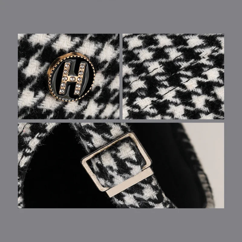 VOIDWEAR SIGNAL_SHADOW_07//◐ houndstooth plaid baseball cap with diamond label insignia and adjustable strap, styled in urban U.S. winter setting.