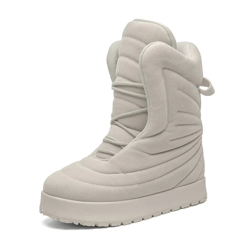 VOIDWEAR SHADOW_SIGNAL_07 ☲ boots styled in snowy Berlin alleyway, ankle strap visible with thick sole on urban ice.