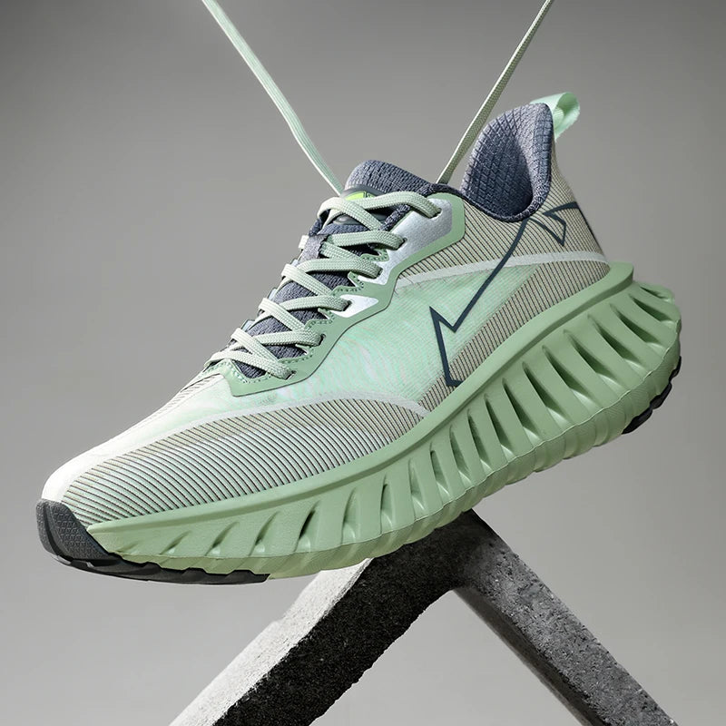 VOIDWEAR SIGNAL_VANISH_07 ☰ lightweight sneaker worn in Berlin crosswalk, shadow glyph visible on ankle-side mesh, summer light glowing.