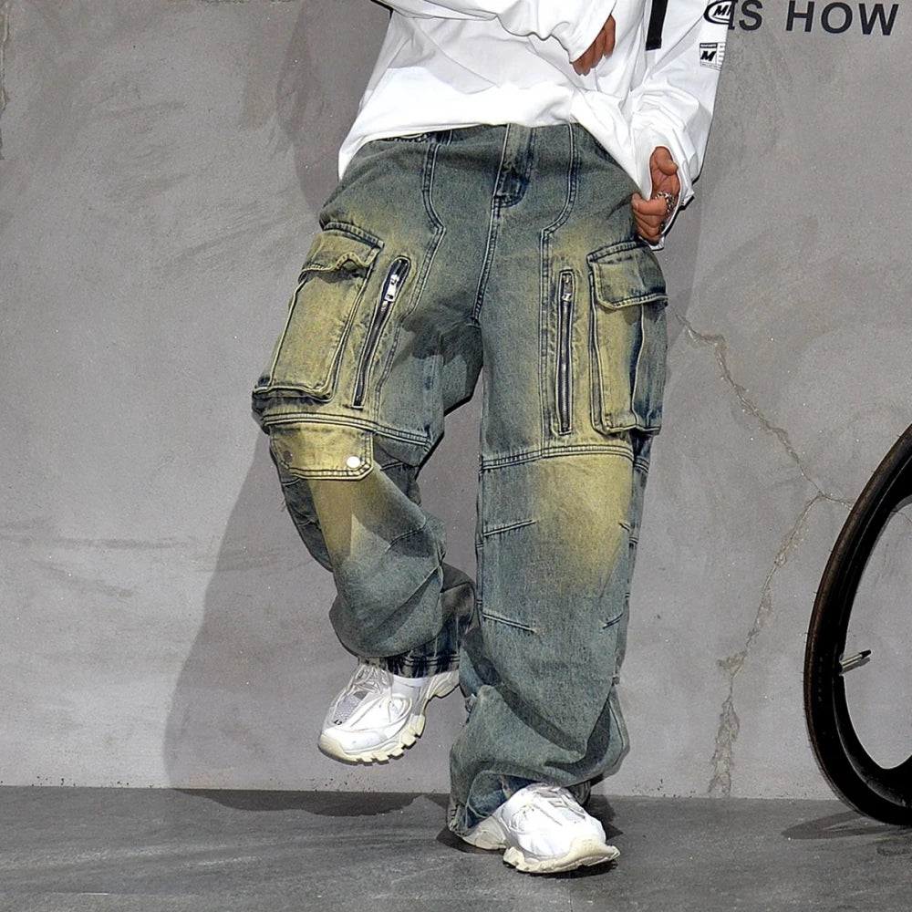 “VDR_VANISH_JEANS ☰ distressed cargo denim side view — baggy stacked” “VDR_VANISH_JEANS ☰ back pocket signal glyph closeup”