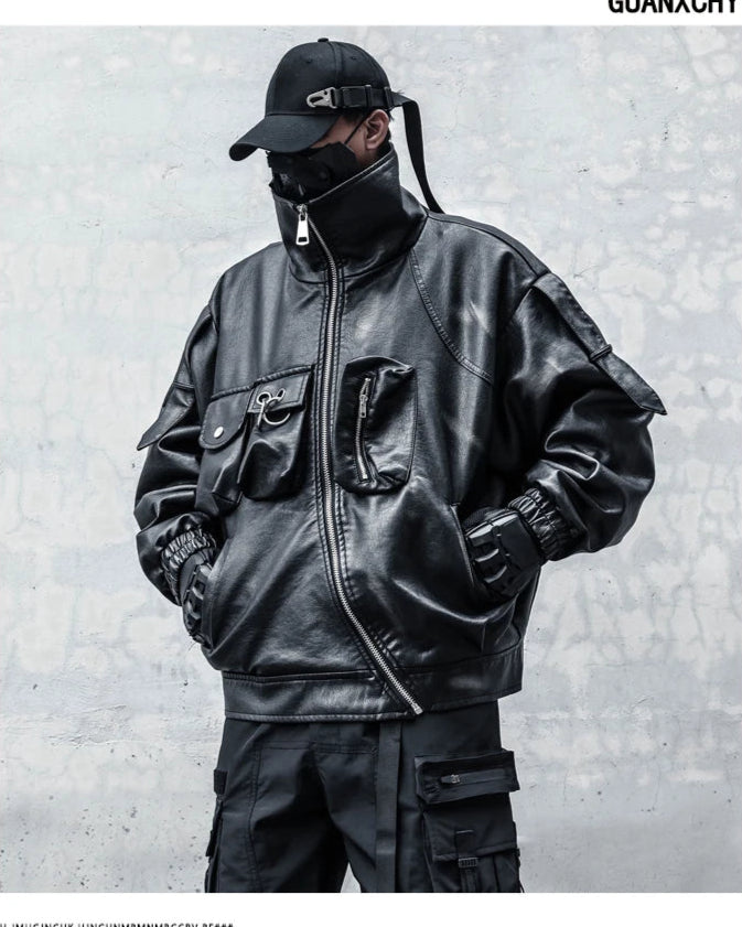 VOIDWEAR VDR_VANISH_09 multi-pocket PU leather tactical jacket in punk techwear style, autumn/winter streetwear silhouette