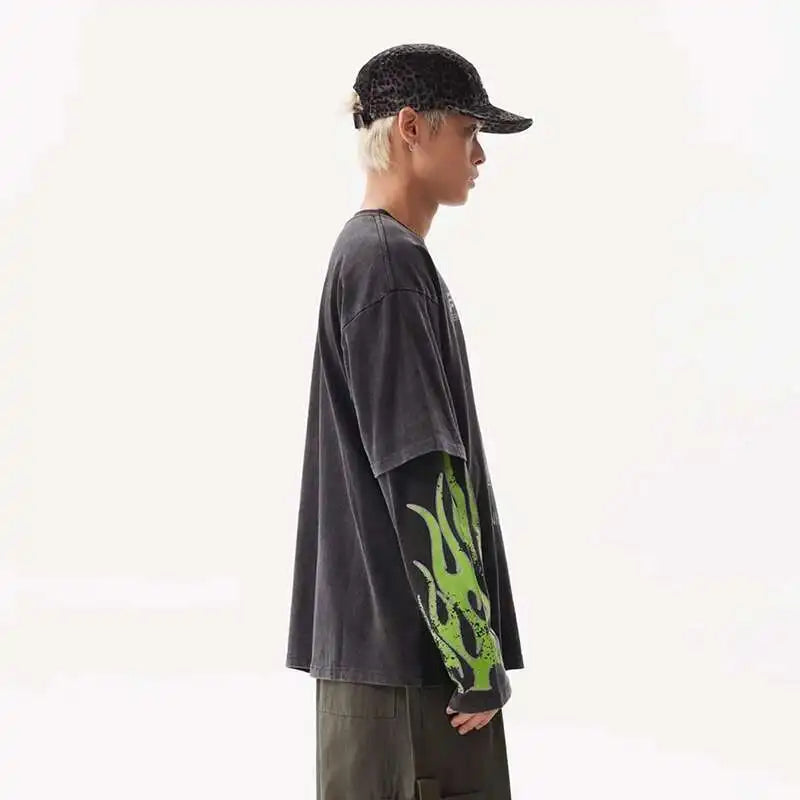 VOIDWEAR VDR_SIGNAL_28W5039 ☰ washed long sleeve, fake two-piece layered shirt, ritual-coded glyph design