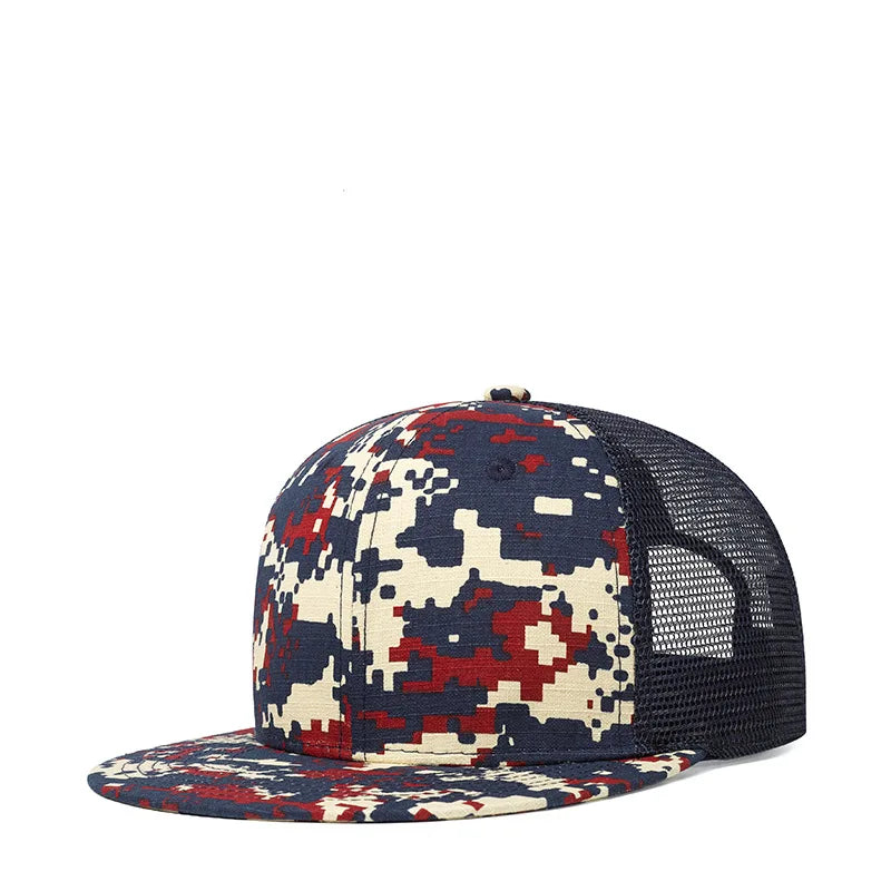 Unisex camouflage cotton dome cap with wide brim and adjustable strap, vanish-core streetwear hat by VOIDWEAR. Camouflage-patterned cap with mesh back on a white background