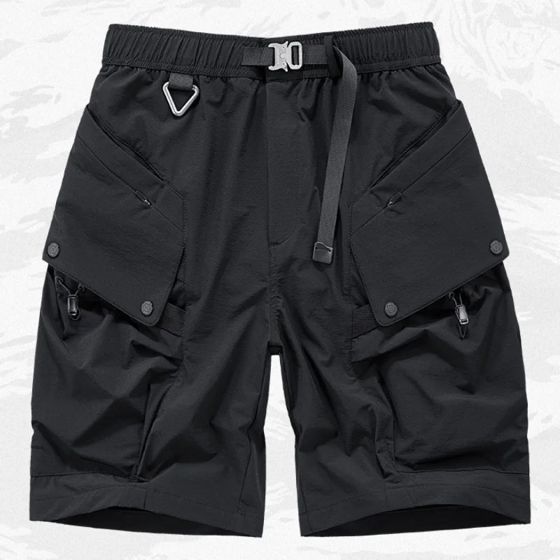 Minimalist high-street tech-cargo shorts with embedded signal glyph, vanish-mode stitching, and quick-dry nylon-spandex fit for men