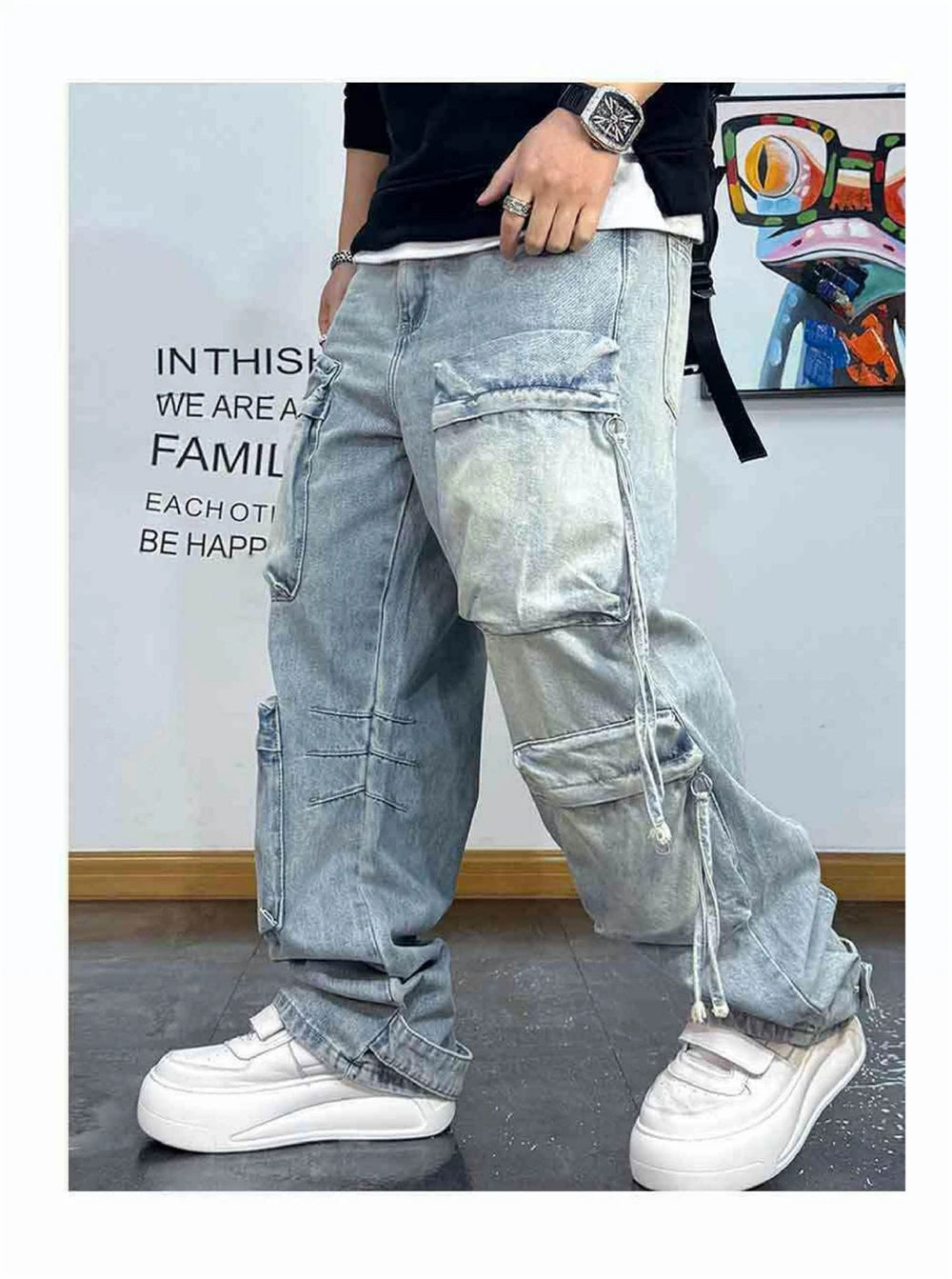 VOIDWEAR VDR_VANISH_06 ⚑ ritual-coded cargo jeans, light distressed wash, oversized stacked streetwear fit