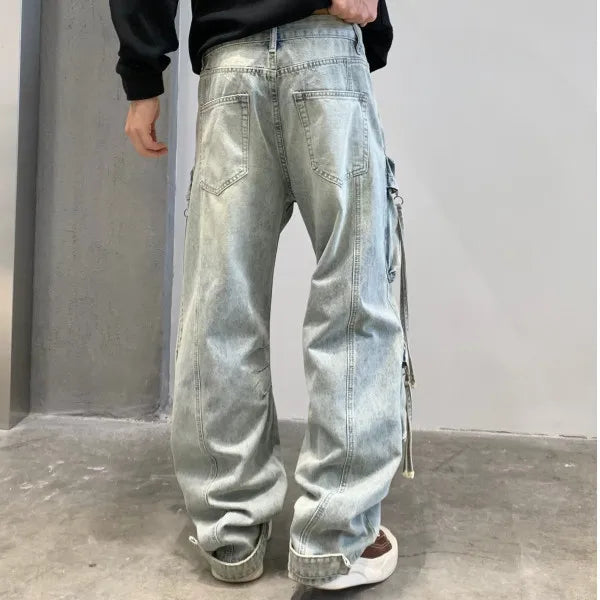 VOIDWEAR SIGNAL_CITY_09 ☰ cargo denim worn in Tokyo side street, multi-pocket structure visible under urban light.