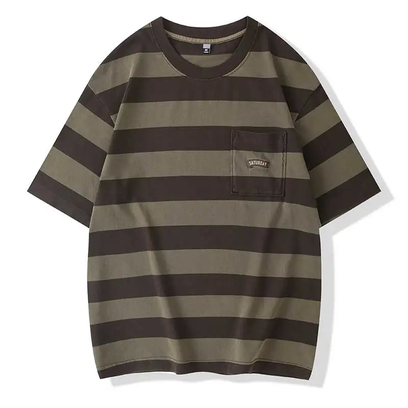 VOIDWEAR striped oversized tee with vanish-mode system, 100% cotton, summer streetwear. Brown and green striped t-shirt with a pocket on a white background