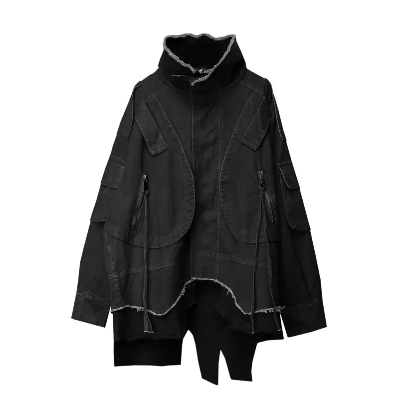 VOIDWEAR VDR_SYSTEM_09 Shadow Jacket — oversized safari-style techwear coat with layered two-piece illusion and ritual-inspired detailing. Black hooded jacket with layered design on a white background