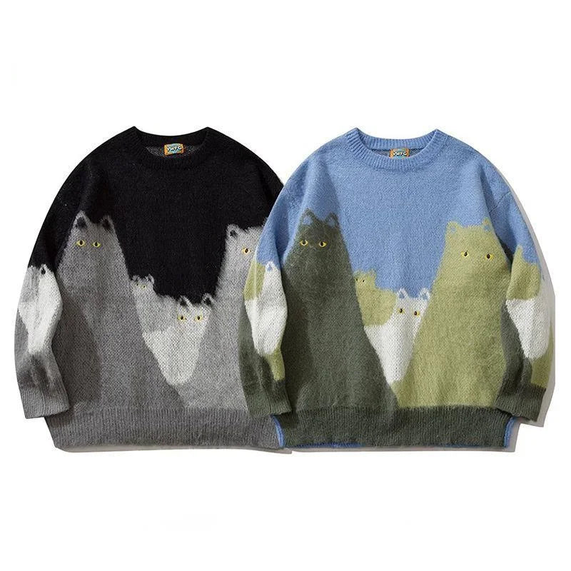 VOIDWEAR SHADOW_CAT_09 oversized knit sweater with cartoon cat graphic and glyph sleeve, streetwear pullover