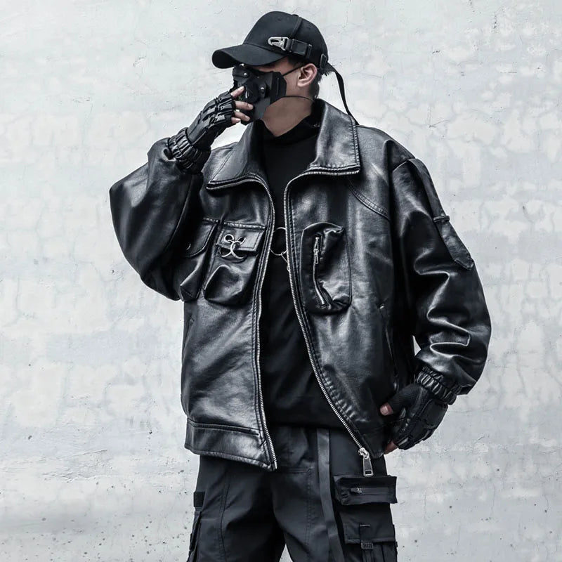 VOIDWEAR VDR_VANISH_09 multi-pocket PU leather tactical jacket in punk techwear style, autumn/winter streetwear silhouette
