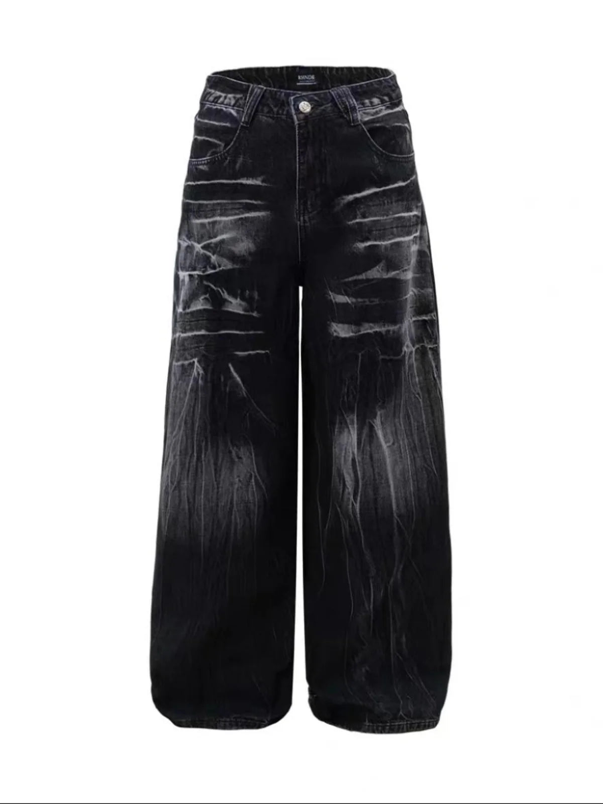 VOIDWEAR SIGNAL_STORM_11 ☰ black lightning jeans shown in Los Angeles alleyway — washed denim texture and storm pattern visible under sunlight.