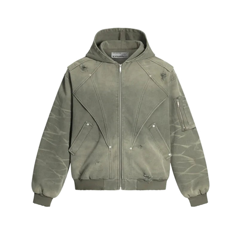VOIDWEAR VDR_SIGNAL_07 ritual-coded autumn men’s jacket with washed worn-out finish, deconstruction holes, and sleeve glyph