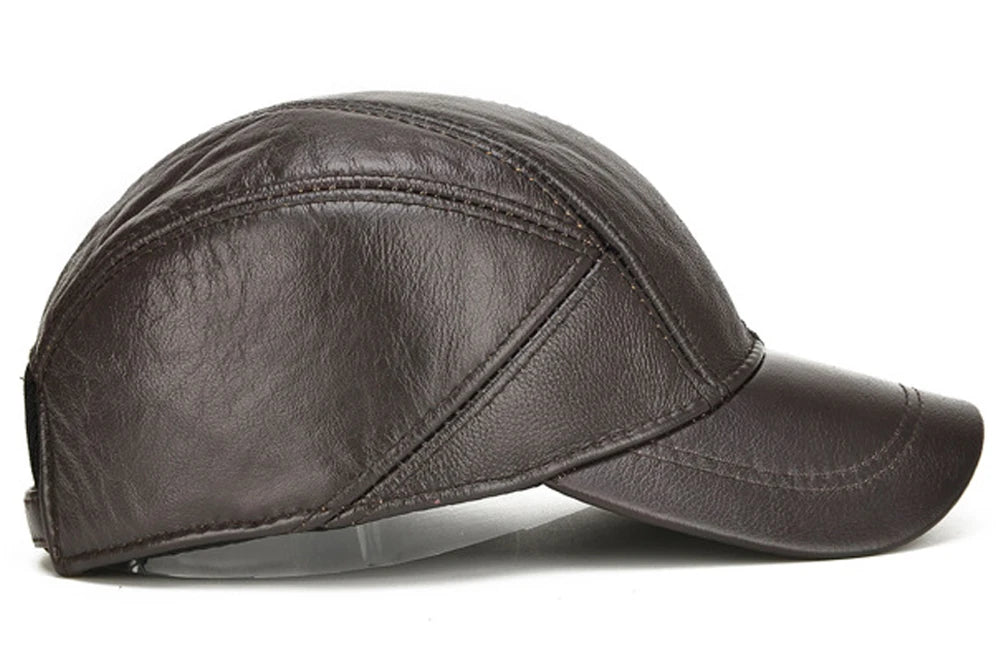 VOIDWEAR SIGNAL_VANISH_07 real cowhide leather earflap cap with adjustable visor, designed as ritual-inspired streetwear for urban shadow gear