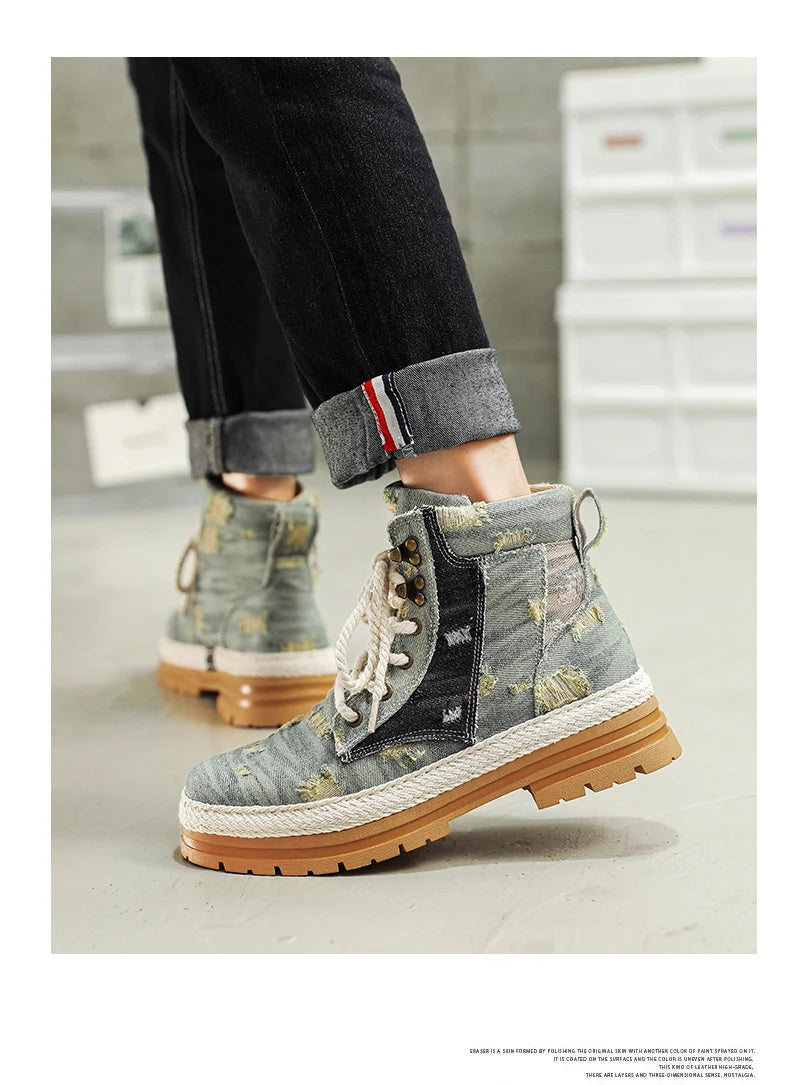 VOIDWEAR SIGNAL_VANISH_07 ☰ men’s black denim and leather ankle boots with lace-up closure, ankle strap, and ritual-inspired streetwear design
