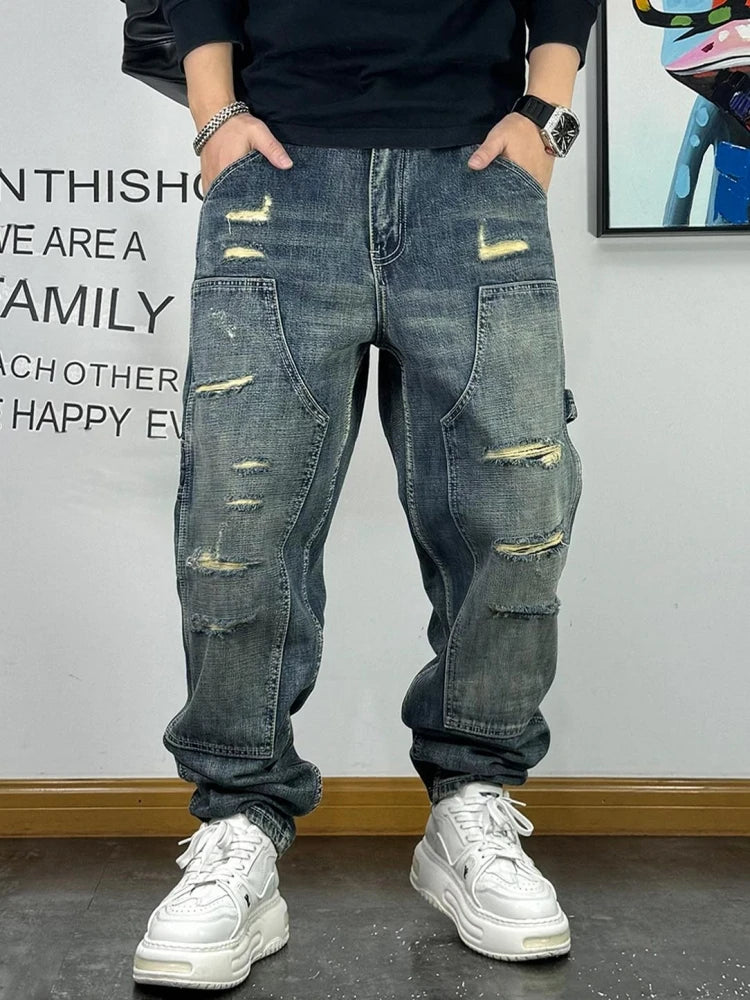 VOIDWEAR VDR_VANISH_05 ☰ ripped patch cargo jeans, distressed midweight denim, loose streetwear silhouette, glyph embroidery