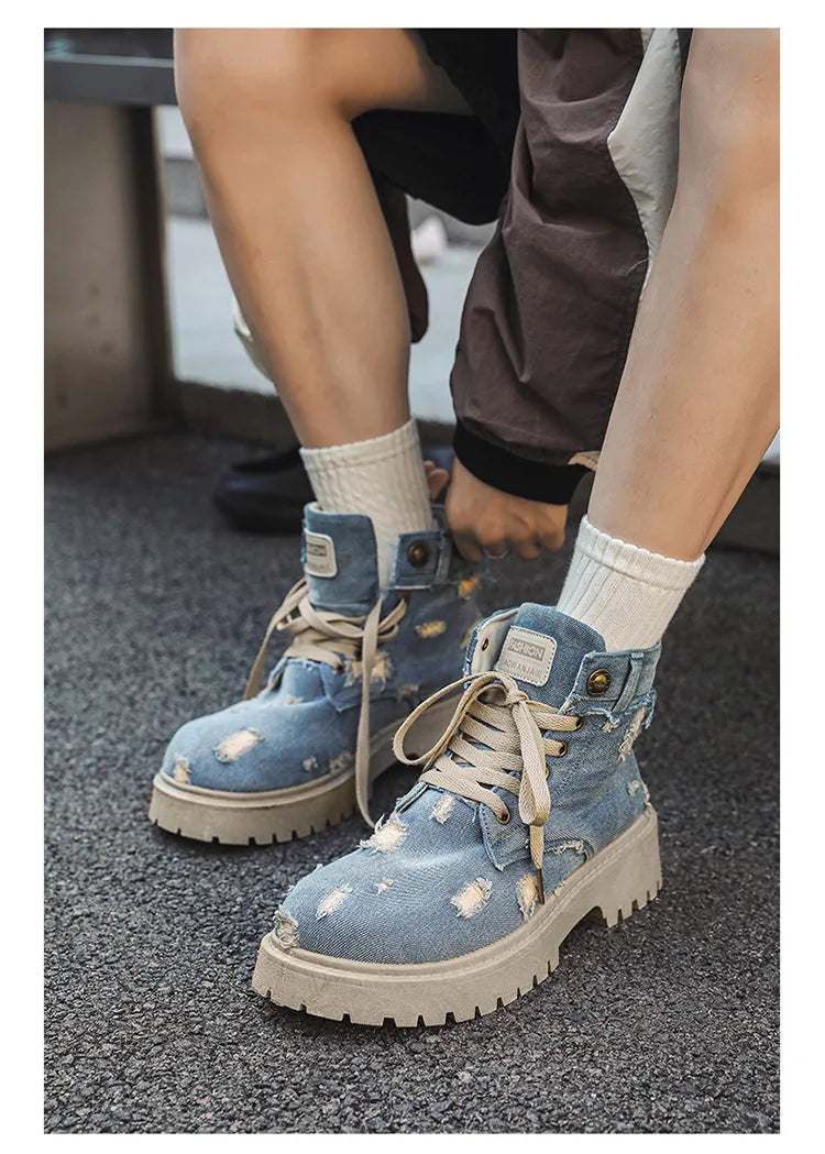 VOIDWEAR SIGNAL_VANISH_12 ☰ men’s denim ankle boots with lace-up closure, EVA insole, rubber outsole, ritual-inspired streetwear design