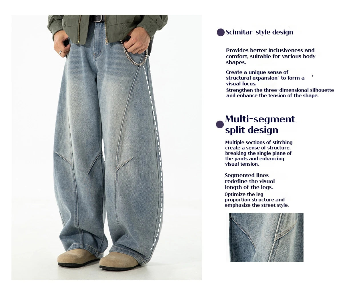 VOIDWEAR VDR_VANISH_SPLIT ☰ curved split distressed jeans, light wash, loose streetwear silhouette, coded glyph tab