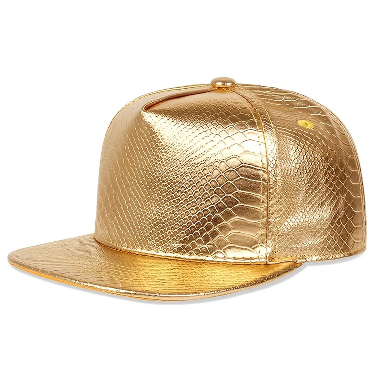 VOIDWEAR VDR_SIGNAL_CAP ☰ python-pattern leather hip-hop cap with adjustable strap and minimalist techwear aesthetic. Gold snakeskin-patterned cap on a white background