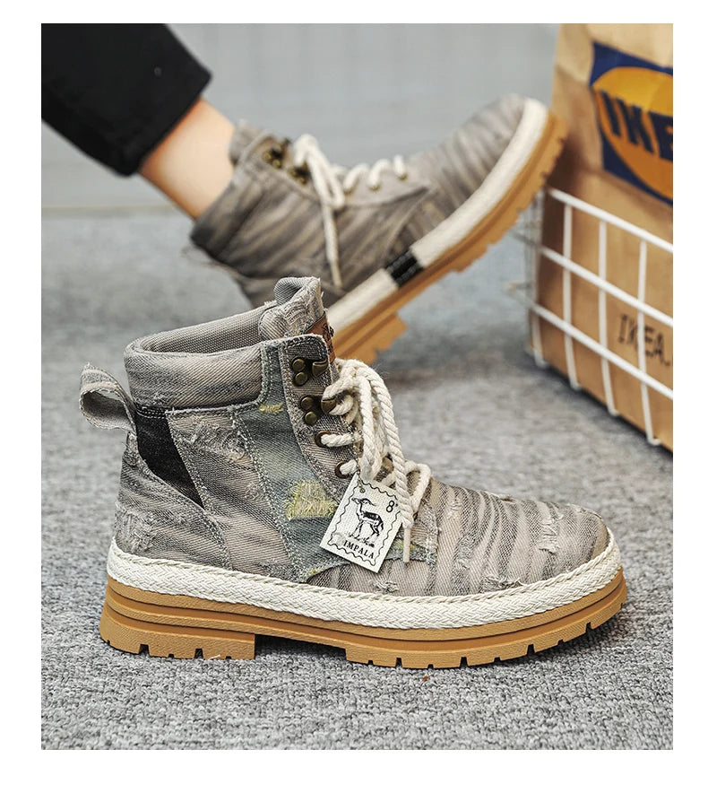 VOIDWEAR SIGNAL_VANISH_07 ☰ men’s black denim and leather ankle boots with lace-up closure, ankle strap, and ritual-inspired streetwear design