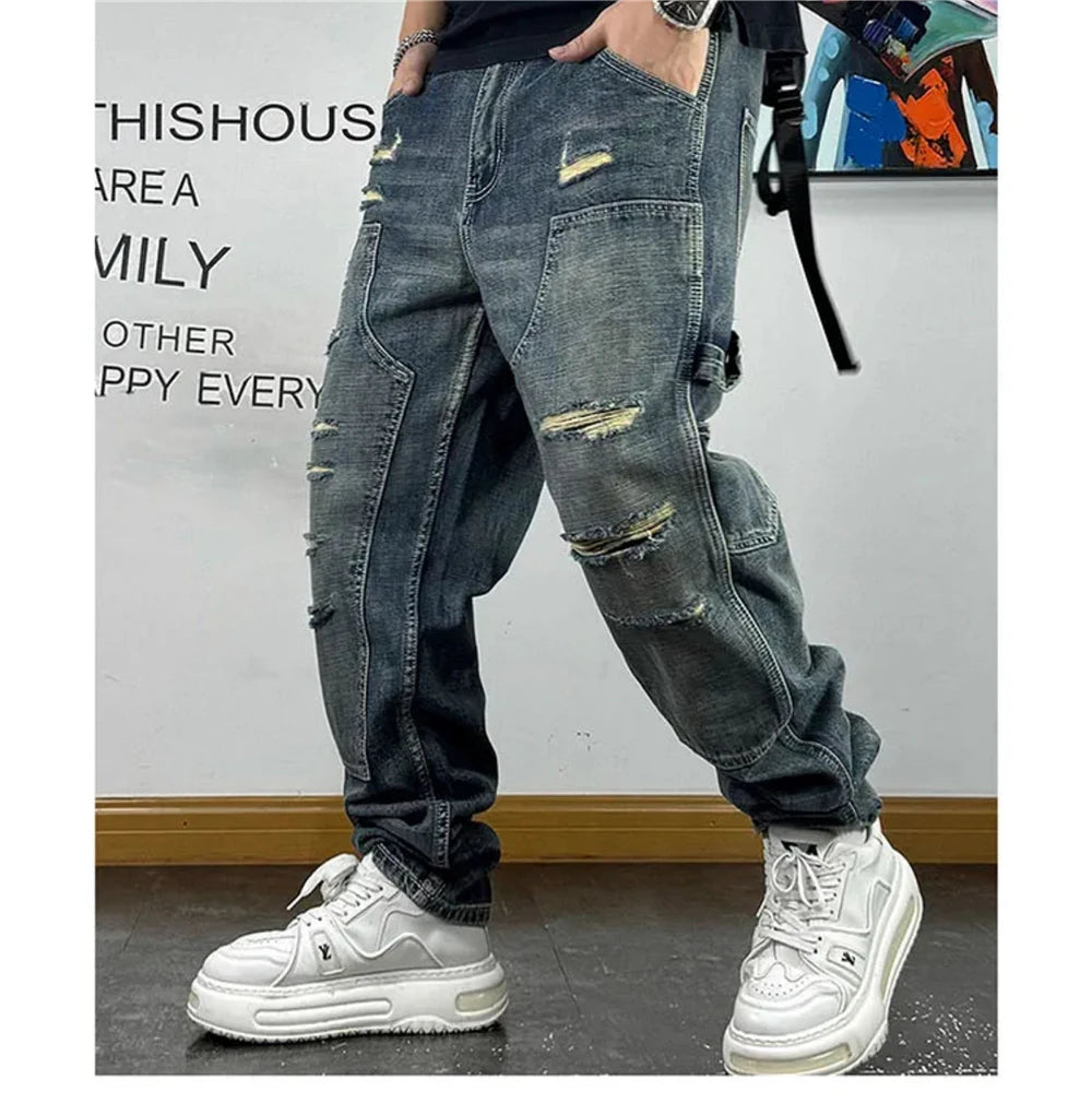 VOIDWEAR VDR_VANISH_05 ☰ ripped patch cargo jeans, distressed midweight denim, loose streetwear silhouette, glyph embroidery