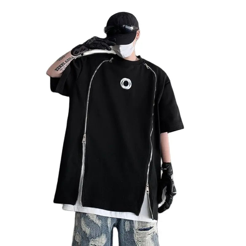 VOIDWEAR SIGNAL_07 padded shoulder oversized tee, double zipper streetwear, ritual-coded glyph sleeve