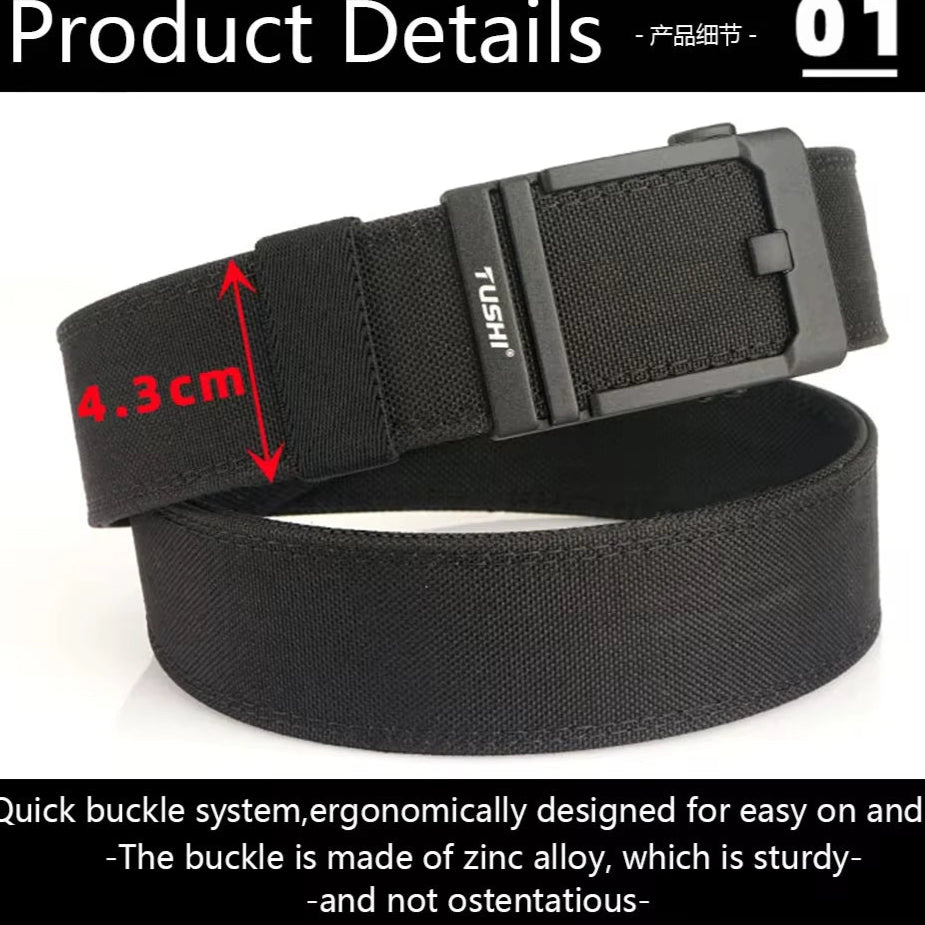 Close-up detail of automatic buckle on Voidwear SC//12 belt showing nylon weave