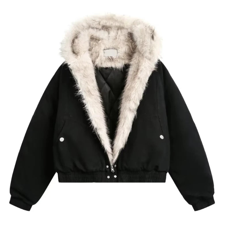 VOIDWEAR™ VDR_25 — a unisex oversized plush hooded jacket. Black jacket with fur-lined hood on a white background