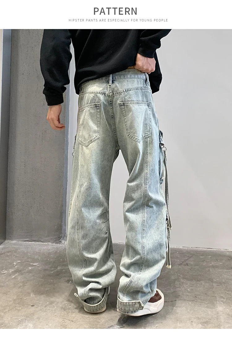 VOIDWEAR SIGNAL_CITY_09 ☰ cargo denim worn in Tokyo side street, multi-pocket structure visible under urban light.