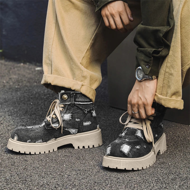 VOIDWEAR SIGNAL_VANISH_12 ☰ men’s denim ankle boots with lace-up closure, EVA insole, rubber outsole, ritual-inspired streetwear design