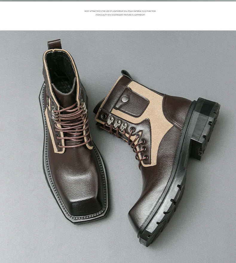 VDR_VANISH_05 punk motorcycle mid-calf boots in brown-black PU leather, styled for U.S. and EU urban streetwear