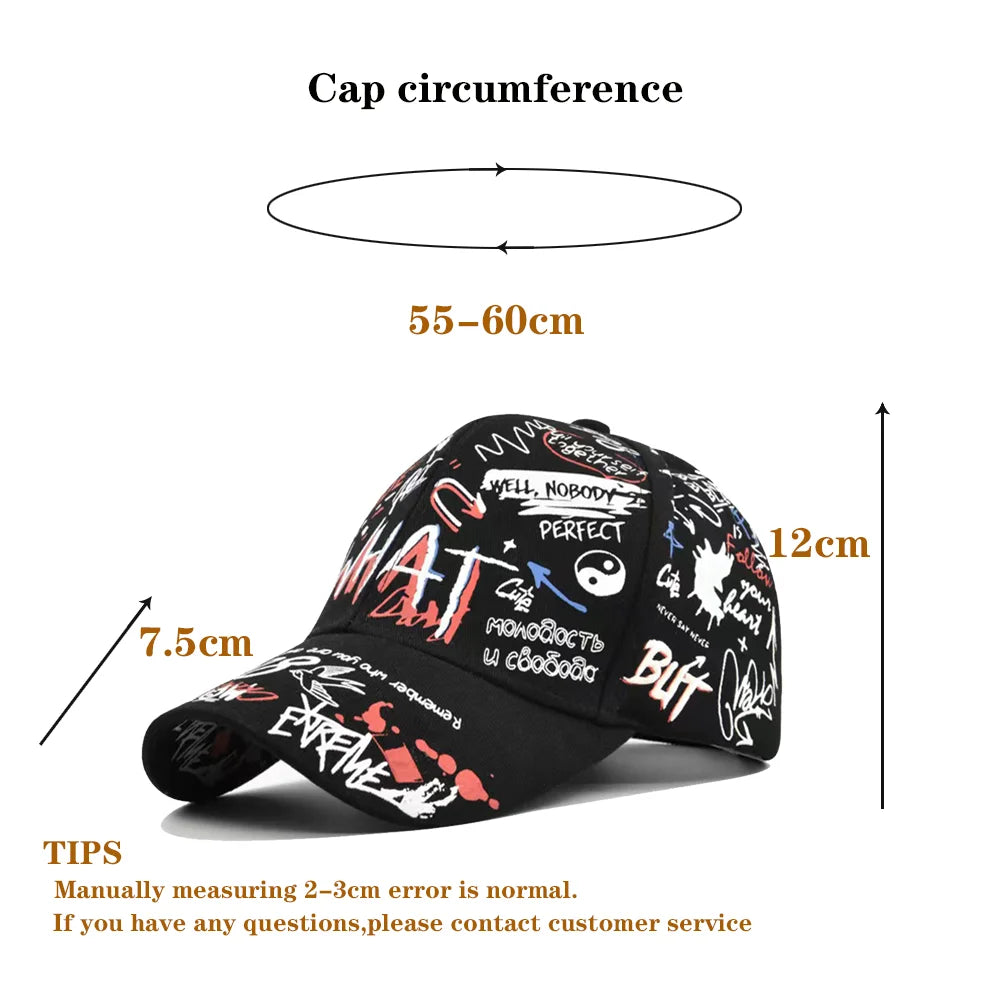 VOIDWEAR SIGNAL_VANISH_05 graffiti print cotton baseball cap with adjustable strap, designed for urban summer shadow-motion style. Black cap with text and graphics, shown with measurements on a white background