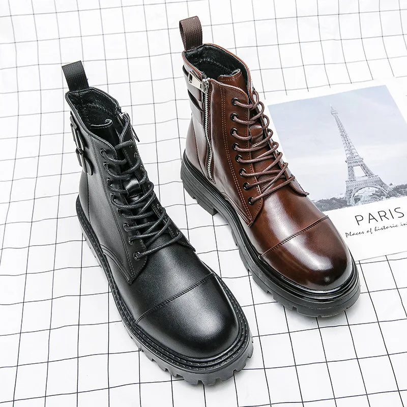 VOIDWEAR SIGNAL_VANISH_11 ☰ men’s patent leather Chelsea boots, waterproof, lace-up zipper hybrid, ritual-inspired streetwear design. Black and brown leather boots on a grid background