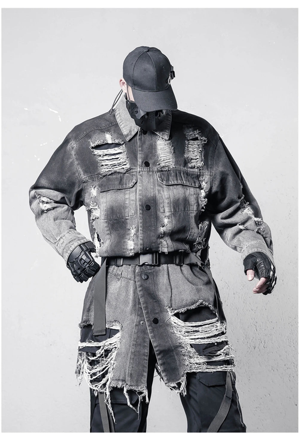 VOIDWEAR VDR_SIGNAL_07 Ritual Jacket — distressed long denim coat with ripped holes, glyph detailing, and loose high-street fit.
