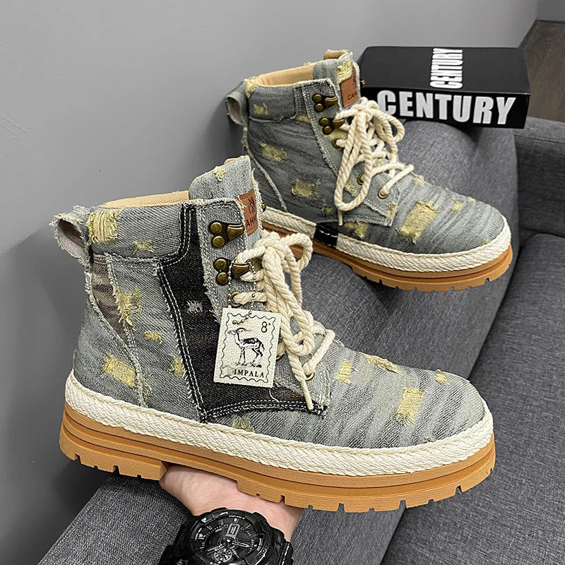 VOIDWEAR SIGNAL_VANISH_07 ☰ men’s black denim and leather ankle boots with lace-up closure, ankle strap, and ritual-inspired streetwear design