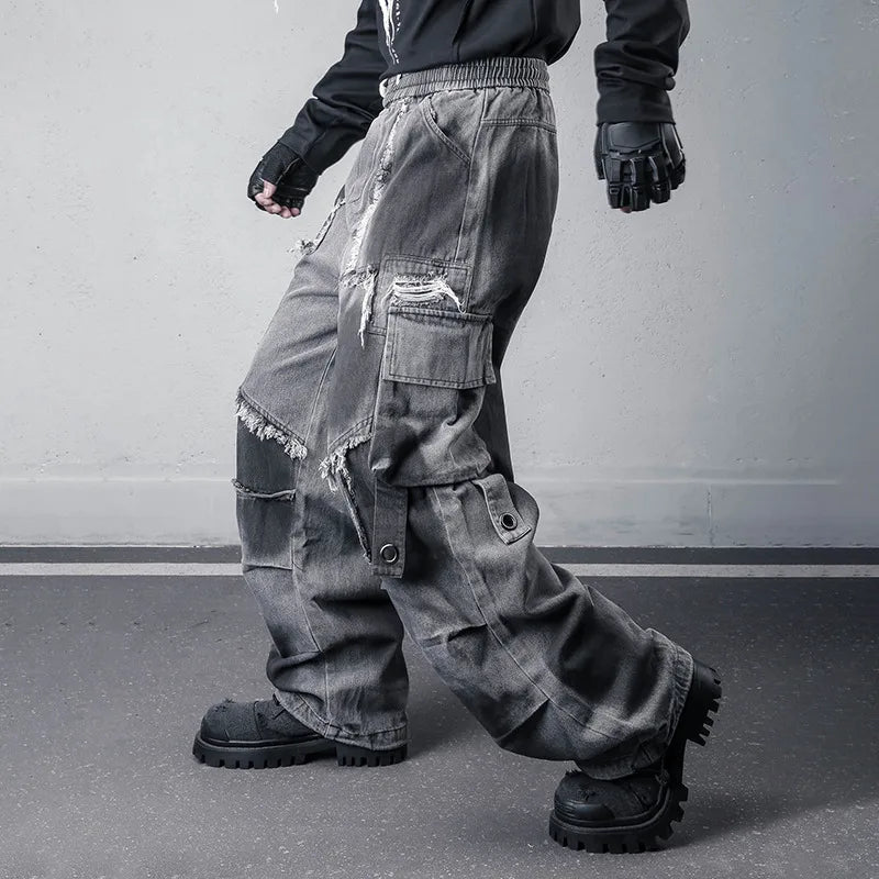 VOIDWEAR SIGNAL_THREAD_07 ☰ wide-leg denim jeans styled in Los Angeles street set, tie-dye pattern visible along heavy seam stitching