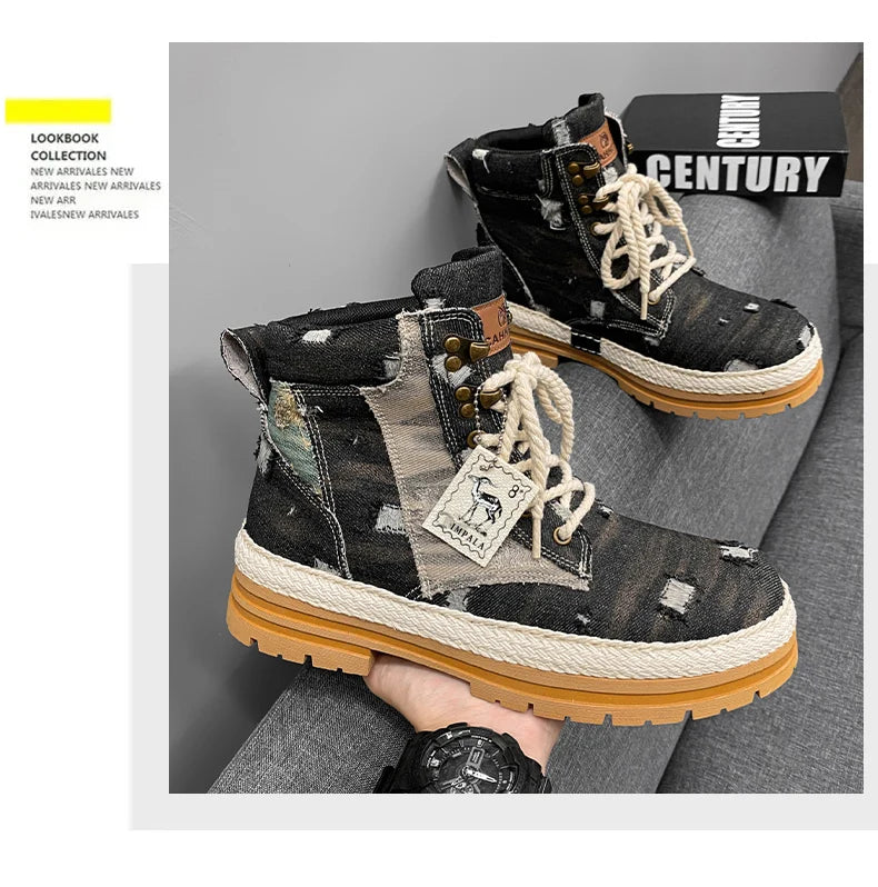 VOIDWEAR SIGNAL_VANISH_07 ☰ men’s black denim and leather ankle boots with lace-up closure, ankle strap, and ritual-inspired streetwear design