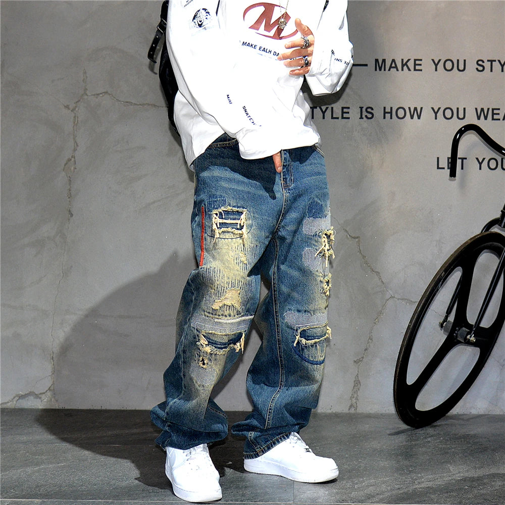 VOIDWEAR VDR_VANISH_05 ☰ baggy ripped patch jeans with distress wash, hip hop fit, ritual-coded glyph embroidery