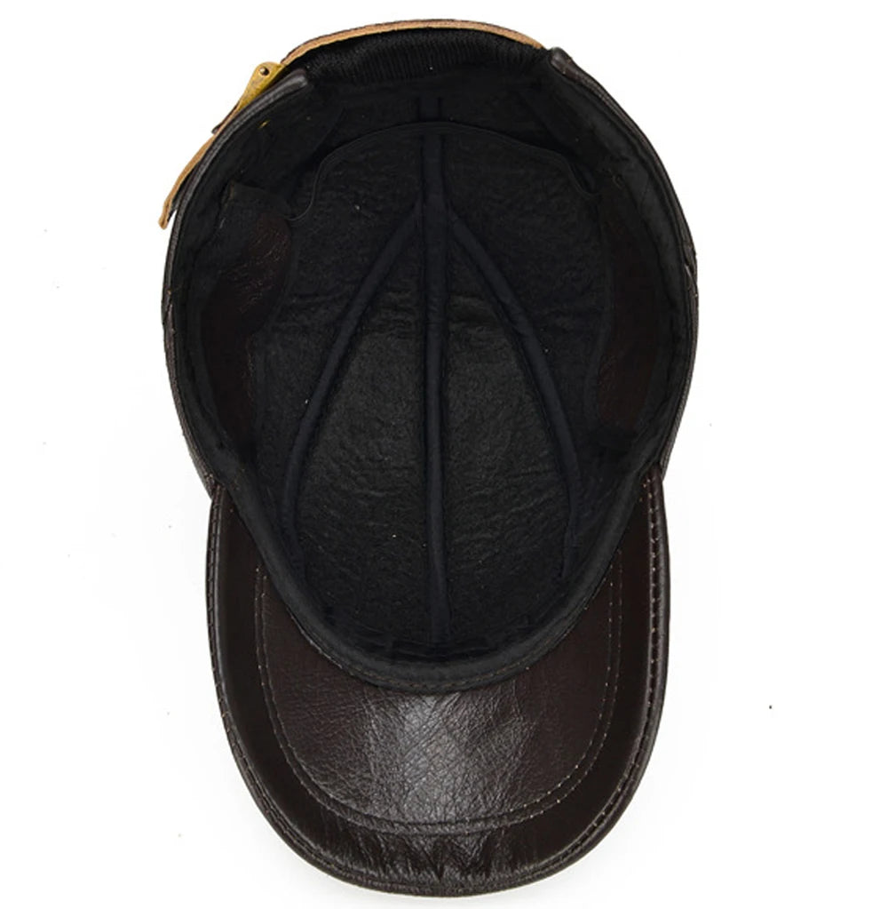 VOIDWEAR SIGNAL_VANISH_07 real cowhide leather earflap cap with adjustable visor, designed as ritual-inspired streetwear for urban shadow gear