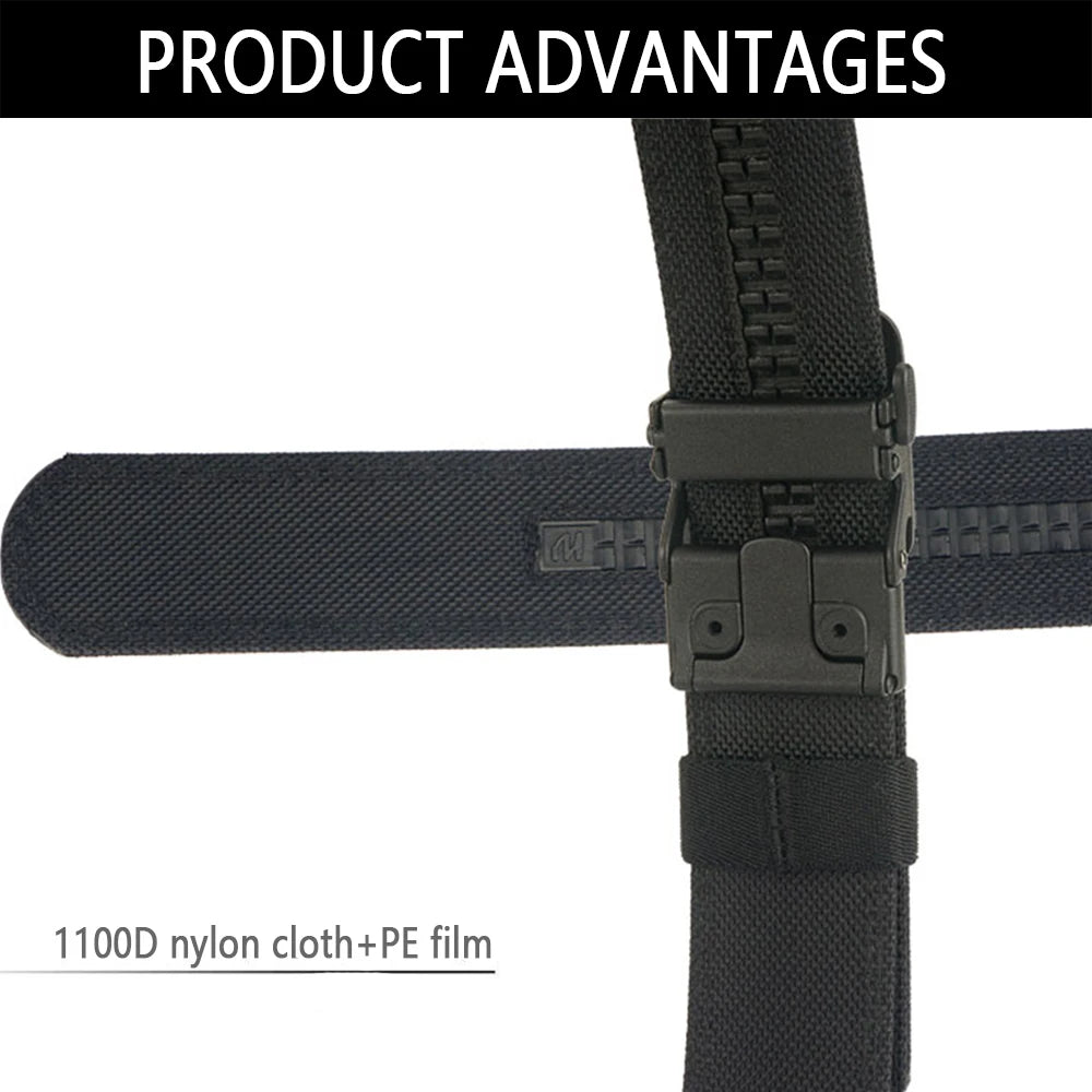 Black belt with a buckle on a white background, labeled with material details.