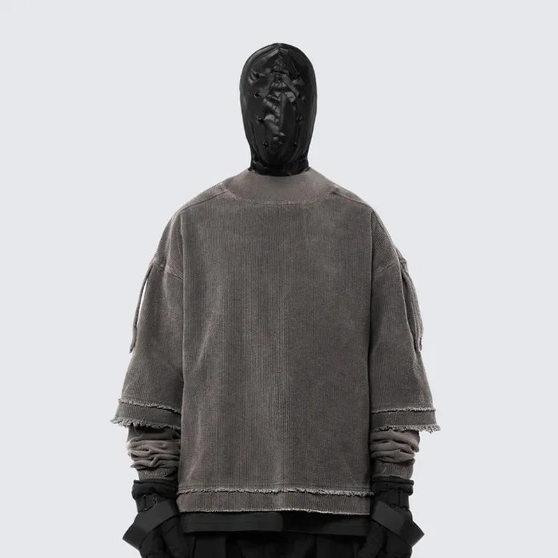 VOIDWEAR SIGNAL_FADE_09 ☰ distressed dual-layer illusion tee worn in Berlin alleyway — washed cotton texture visible under daylight