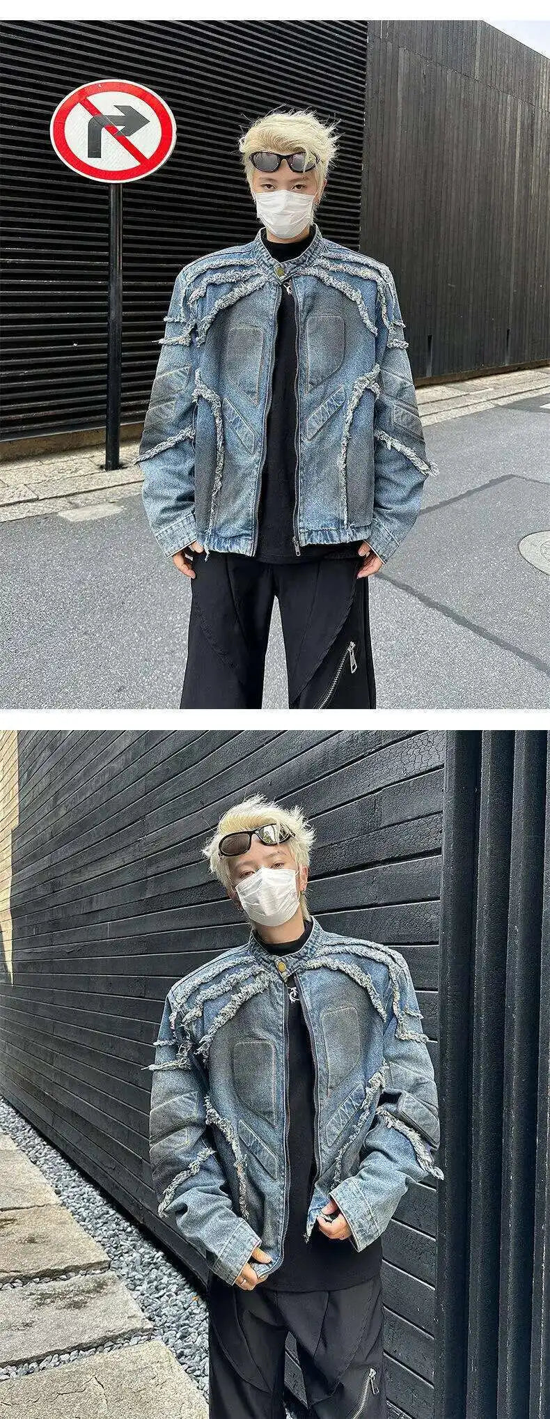 VOIDWEAR VDR//VANISH_05 denim motorcycle jacket with tassel shoulders and ritual glyph embroidery, styled for U.S. and EU streetwear culture.