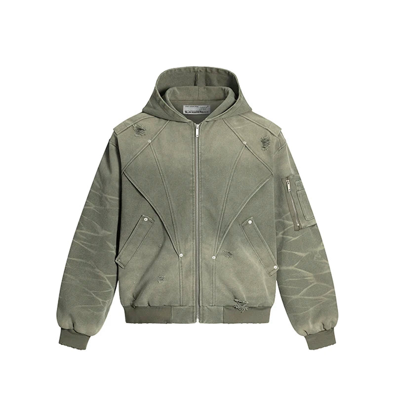 VOIDWEAR VDR_SIGNAL_07 ritual-coded autumn men’s jacket with washed worn-out finish, deconstruction holes, and sleeve glyph